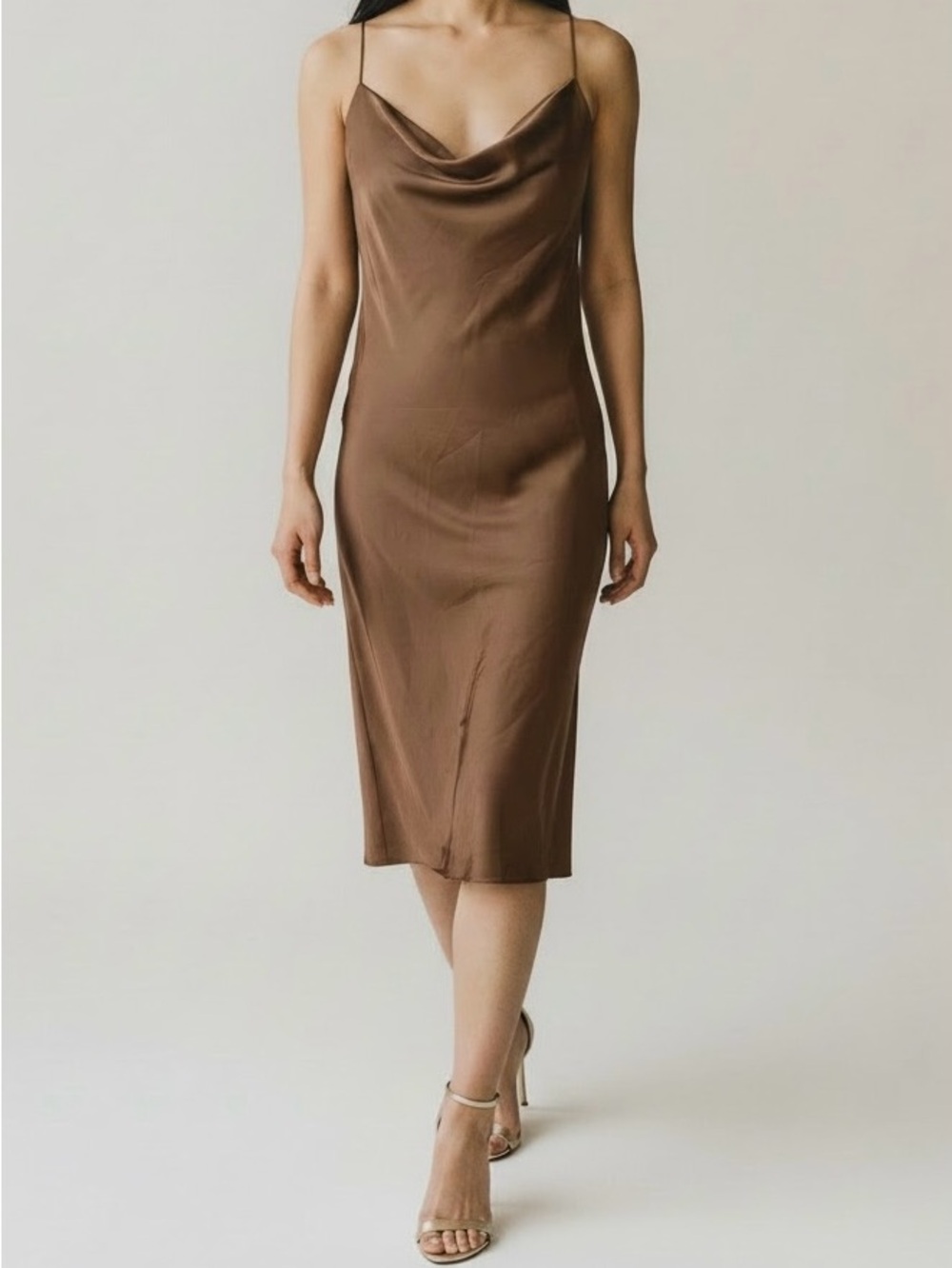 Bazhane Satin Cowl Neck Slip Dress Brown